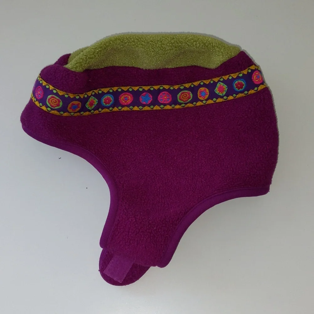 Vintage Girls Large Winter Hat Cherry Tree Fleece Under Chin Closure Ribbon Trim